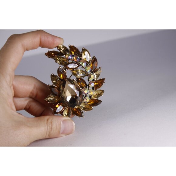 LARGE Rhinestone brooch / pendant champagne, honey and Aurora Borealis colours, - Picture 6 of 10